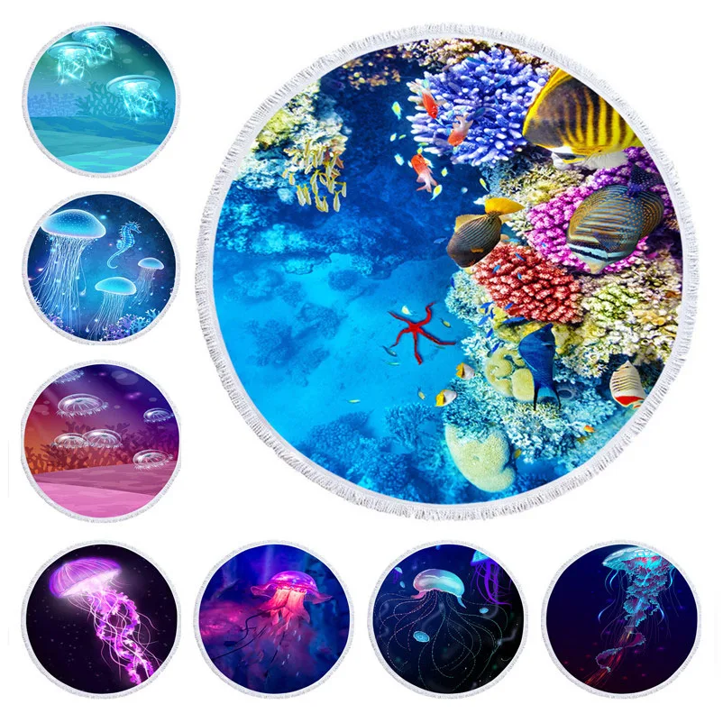 

Microfiber Marble Jellyfish Dolphin Fish Pattern Beach Towel Round Large Yoga Towel With Tassel Beach Mat Blanket Cover