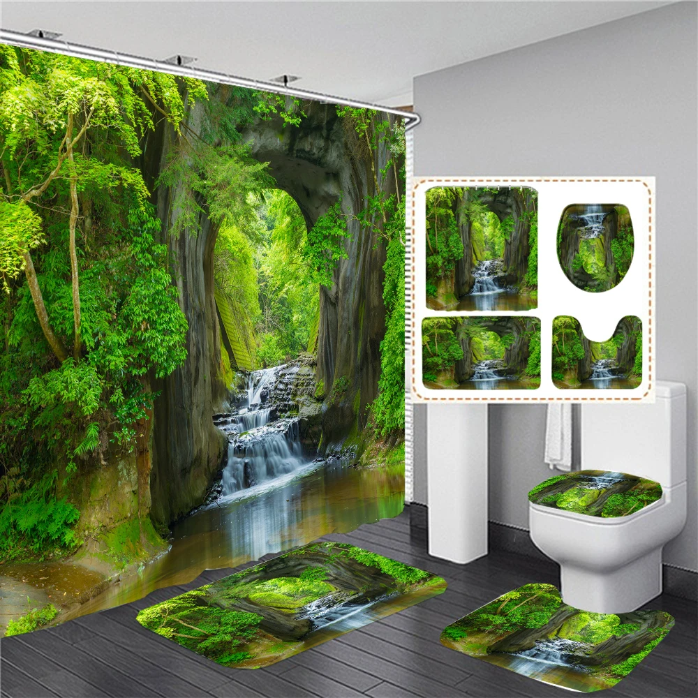 

Waterfall Forest Shower Curtains Fabric Bathroom Set Landscape 3d Bath Curtain Anti-skid Rug Toilet Lid Cover Mat Home Decor