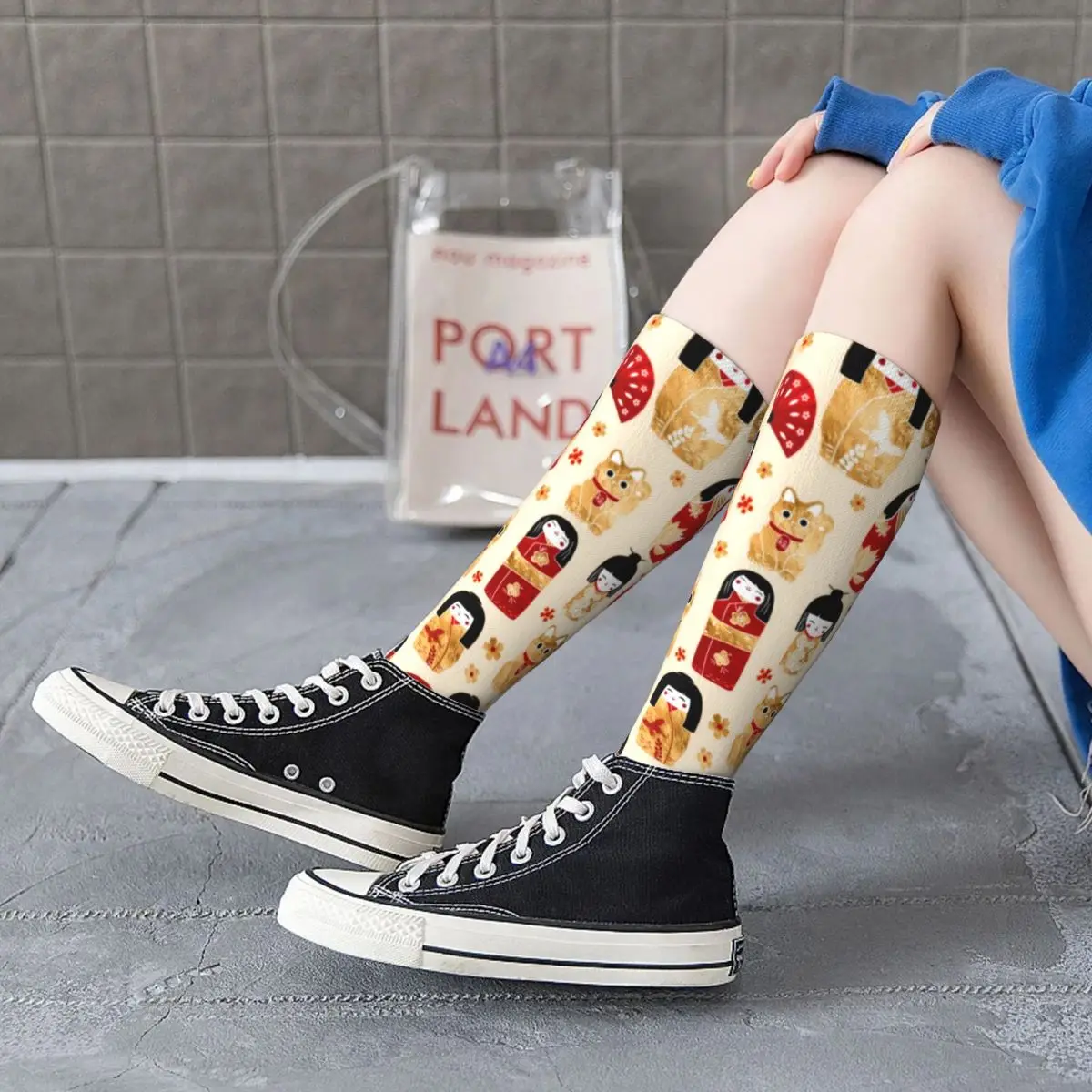 

Japanese Anime Socks Kokeshi and Maneki Neko Cats Gym Creative Mid Stockings Large Chemical Fiber Classic Youth Socks