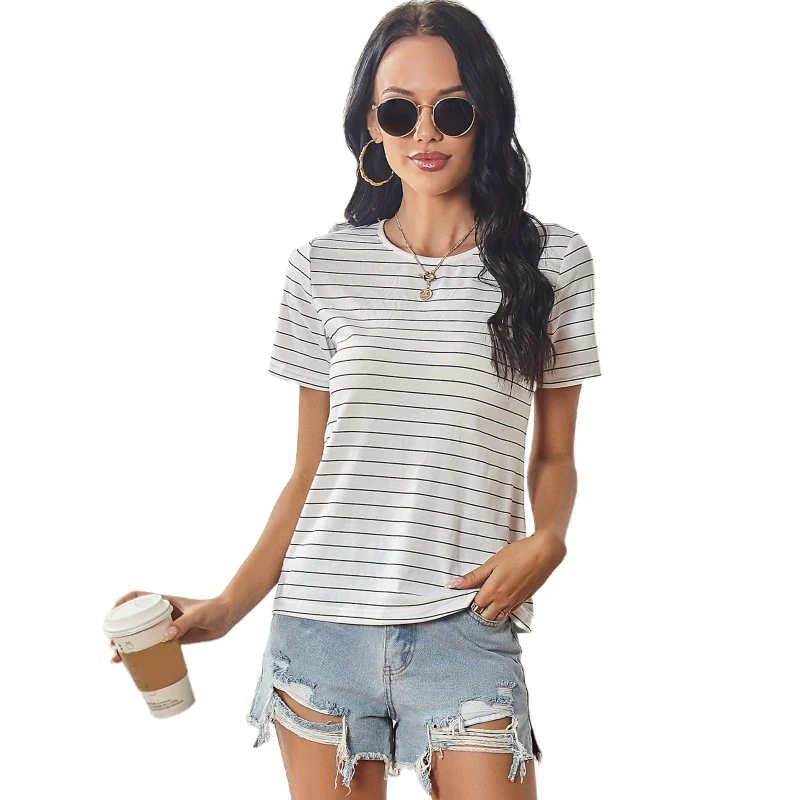 

Women Summer Short Sleeve Round Neck T-Shirt Simple Horizontal Striped Printed Casual Loose Fitting Pullover Top Tee Blouse