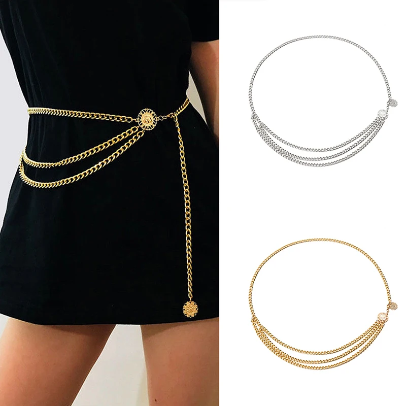 

1Pcs Women Fashion Belt Hip High Waist Gold Silver Narrow Metal Chain Chunky Fringes Crystal Diamond wild Waist Chain