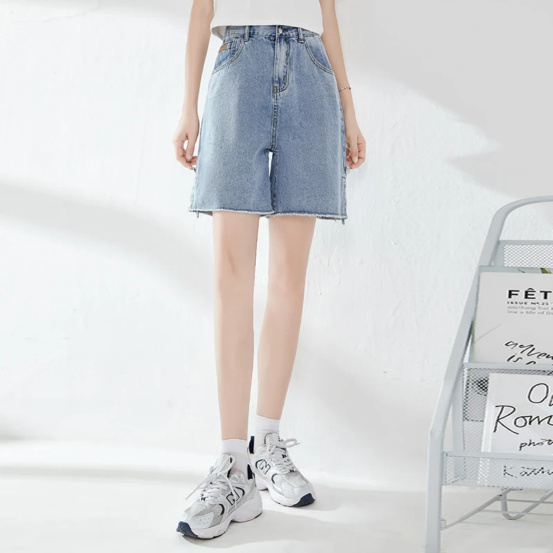 Female Korean Version Elastic Waist Curled Straight Tube Denim Shorts Women'S Wear Summer 2022 New High Thin Hot Pants