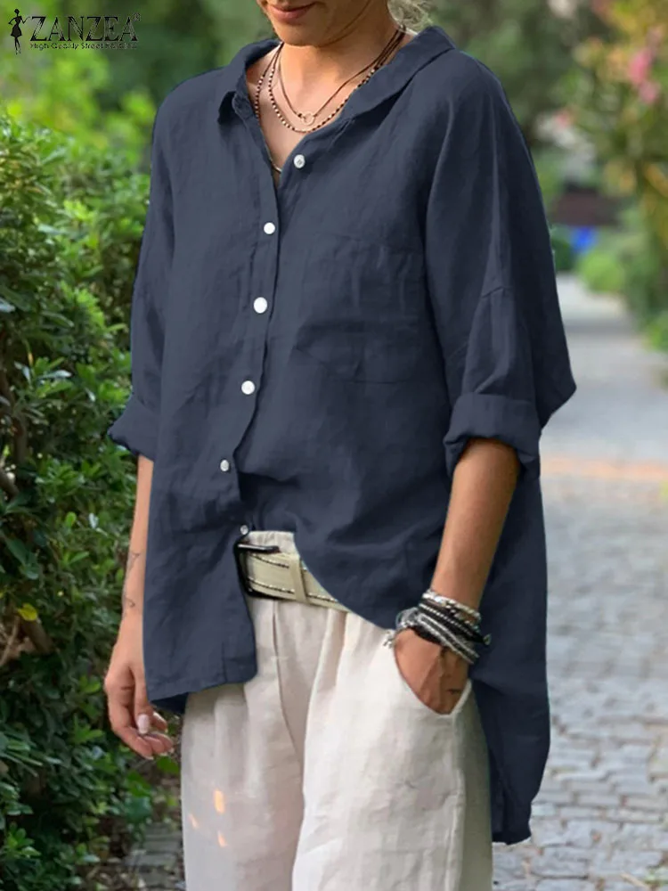 

Vintage Summer Blouse ZANZEA Autumn Elegant Work Shirt Women Lapel Neck 3/4 Sleeve Blusas Casual Tops Solid Loose Cotton Chemise