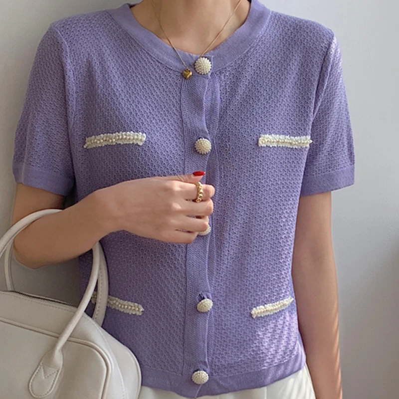 

Round Neck Women'S Fashion Hollow Beaded Summer Korean Thin Section All-Match Ice Silk Knitted Short-Sleeved Solid Color Top