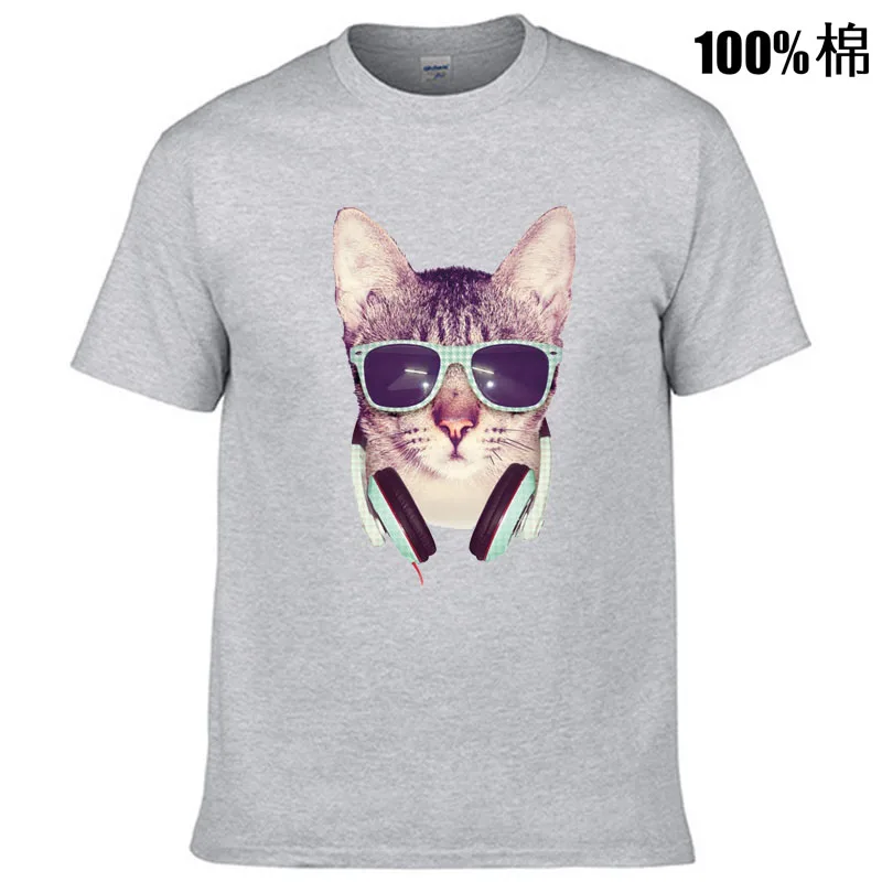 Мужская высококачественная футболка из 100% хлопка с забавным принтом DJ котом