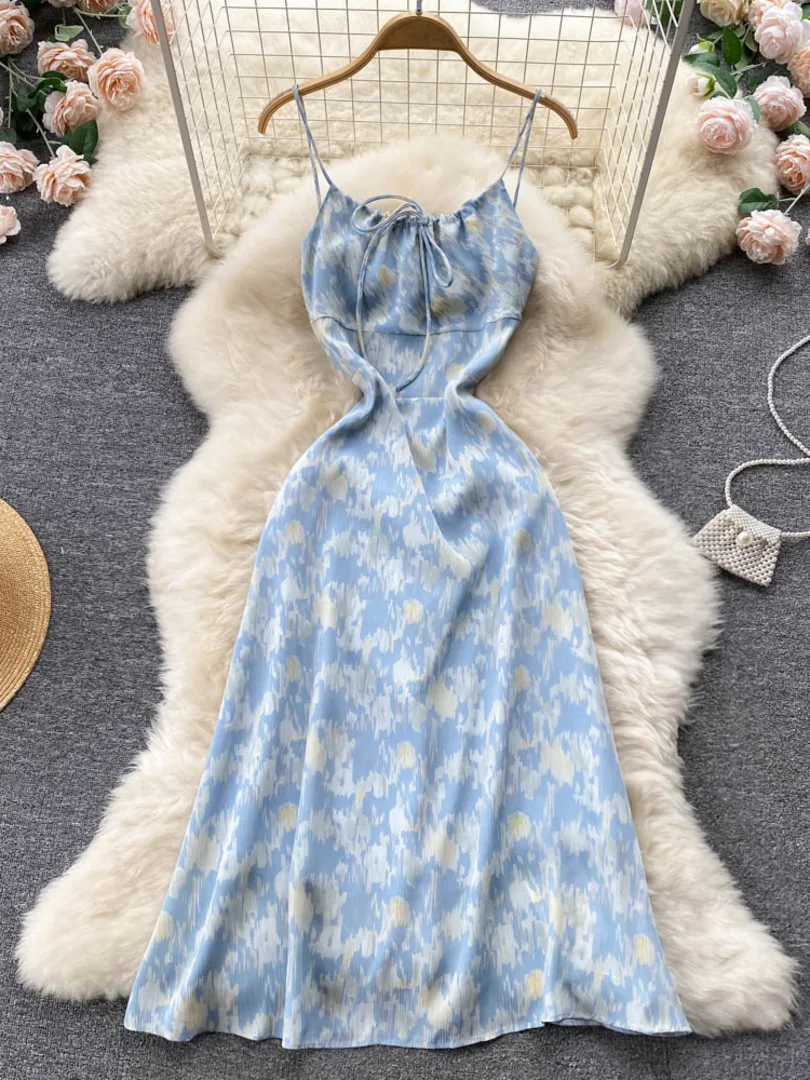 

Женское пляжное платье с цветочным принтом, привлекательное облегающее праздничное платье-трапеция на бретелях-спагетти без рукавов и с от...