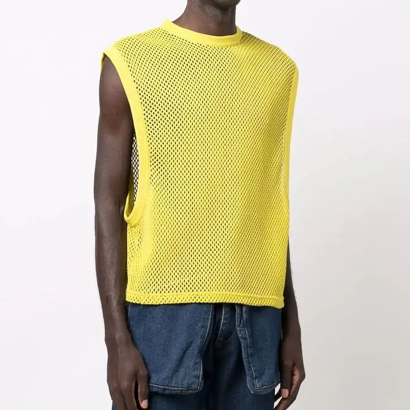 

Men's Vest Man Mesh Tops 2022 Summer New Streetwear Short Sleeve Fashion Tank Tops Men T-shirt Vintage Sleeveless Vest Yellow