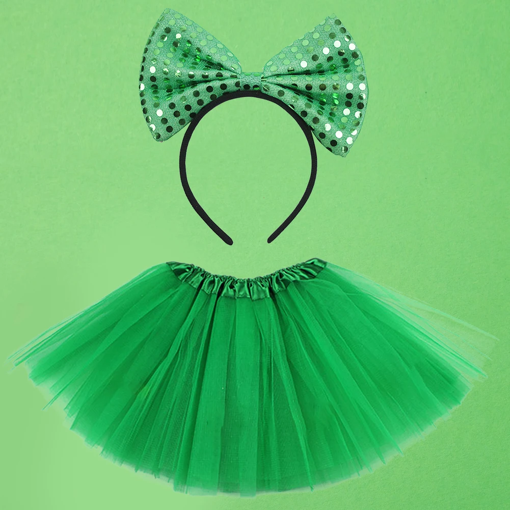 

Green Mini Adult Skirts Sequin Women Tulle Dress Skirt 3 Layers with Bowknot Hair Band Party Costume for St Patricks Day Costume