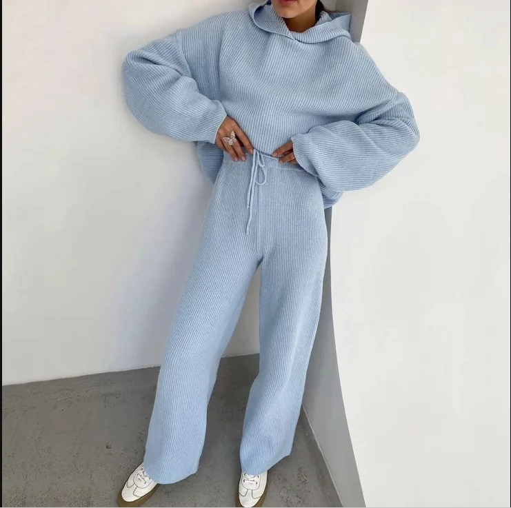

women suit fashion trend ladies autumn knit 2 piece long sleeve loose hooded top high waist wide leg pants suit casual wear