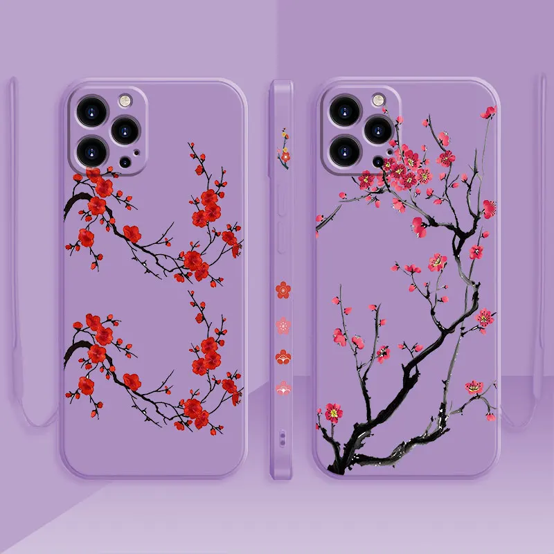 

Red Flower Plum Blossom Candy Color Square Liquid Silicone Case For iPhone 13 12 11 Pro Max Mini X XR XS Max 7 8 6s Plus SE