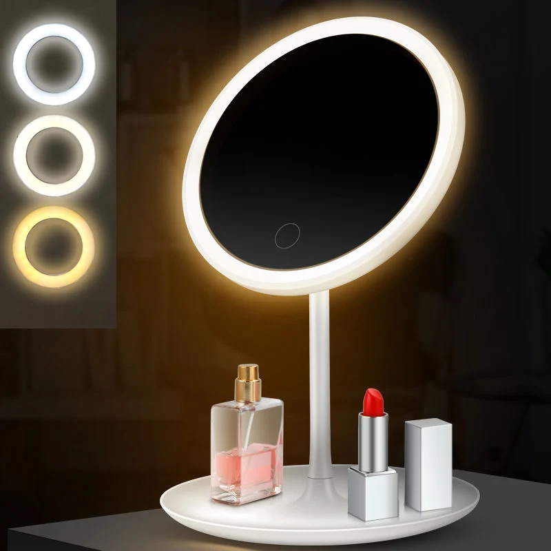 

LED Makeup Mirror With Light Lamp With Storage Desktop Rotating Cosmetic Mirror Light Adjustable Dimming USB Vanity Mirror