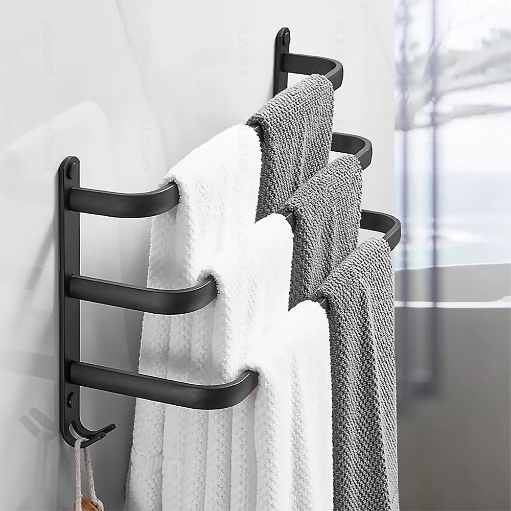 towel bar 40 60 cm multi rod rail with hook wall mount holder bathroom accessories matte rack black shower hanger aluminum shelf free global shipping