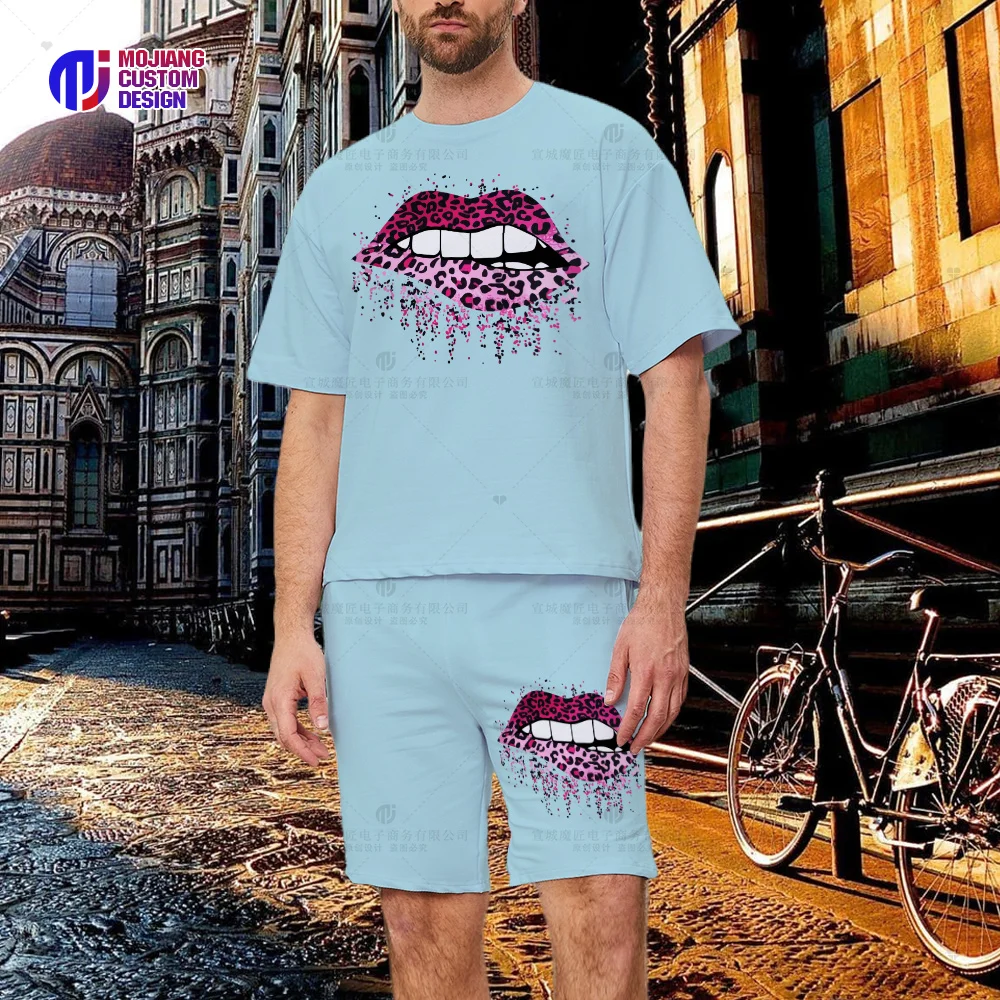 

2023 Leopard Print Lip T-Shirt Shorts, Men's New Spring And Summer Casual Round Neck Shirt + Pants Two-Ppiece Suit