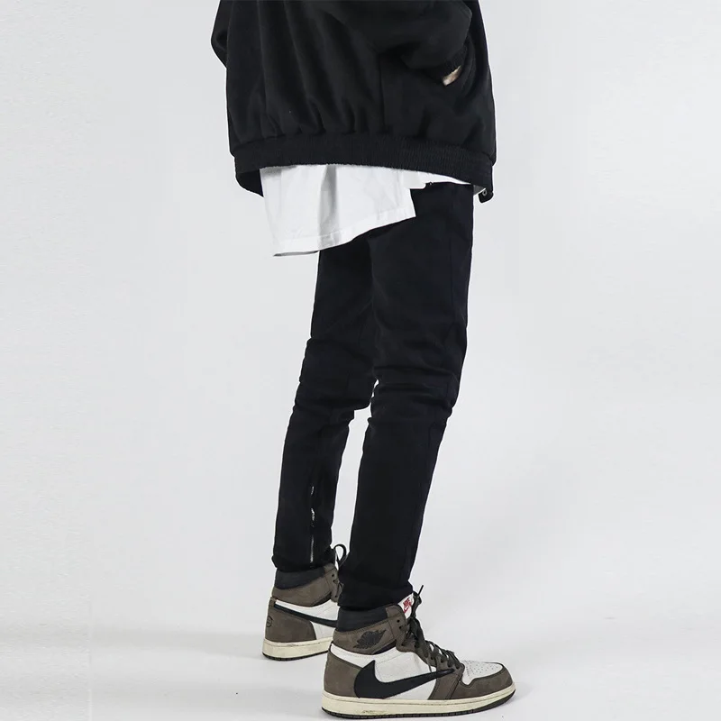 Four Seasons Men Black Jeans High Street Straight Slim Small Feet Black Zipper Design Jeans Trendy Y2K Pants Ins Hot Sale JEANS