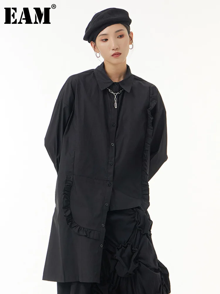 

[EAM] Women Black Big Size Asymmetric Ruffles Blouse New Lapel Long Sleeve Loose Shirt Fashion Tide Spring Autumn 2023 1DH1909