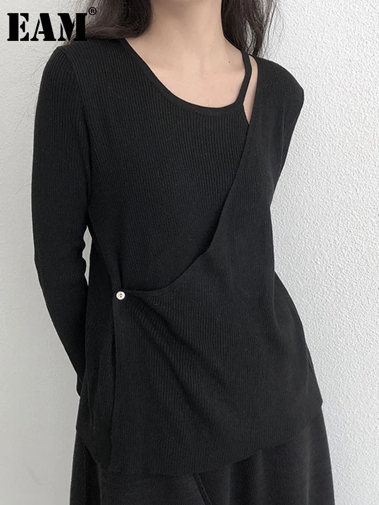 

[EAM] Черный Асимметричный вязаный свитер, свободный крой, круглый вырез, длинный рукав, женские пуловеры, новая мода весна осень 2023 1DF5957