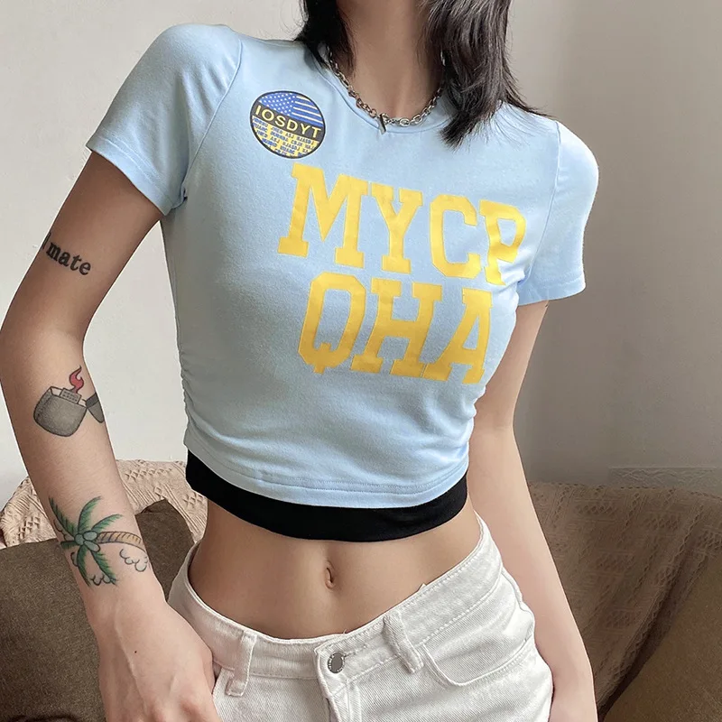 

Women's Letter Printed T-Shirt Summer Short Sleeve Round Neck Slim Fit Cropped Tops 2022 New Fashion