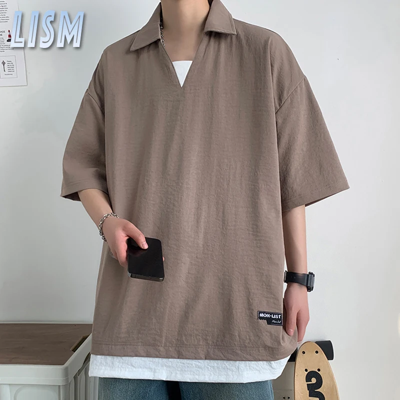 

Футболка LISM мужская с коротким рукавом, Повседневная модная рубашка-поло в Корейском стиле, Однотонная футболка с отложным воротником, лето