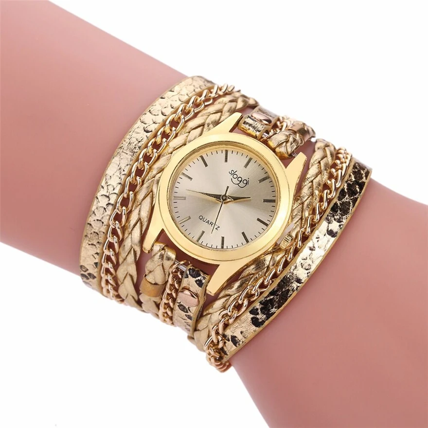 

Brand Quartz Watches Women Gold Geneva Bracelet Wristwatch Ladies Dress Woven Leopard Multi Layers Leather Strap Watch