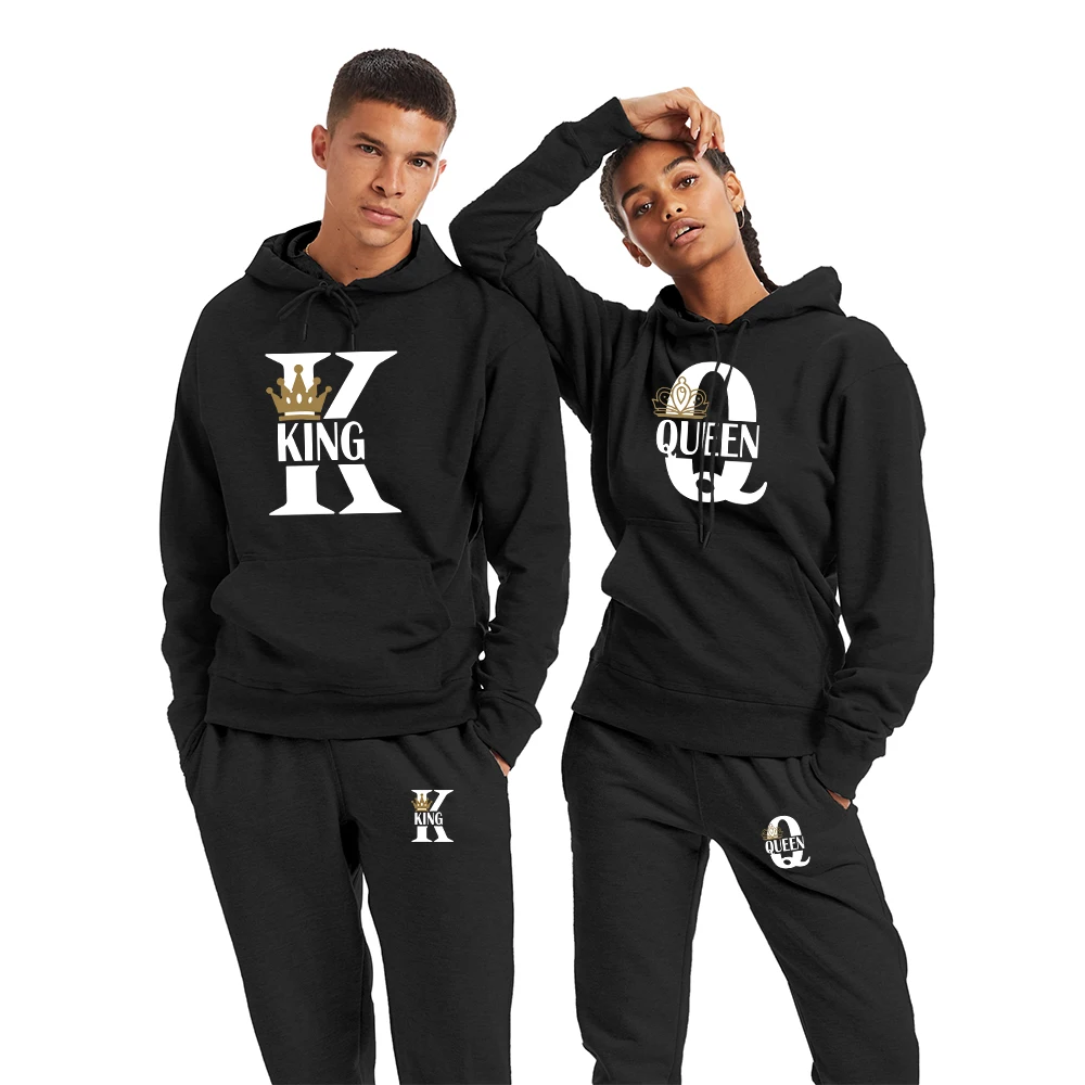

King Queen Print Hoodies Sweatshirt + Sweatpants Set Men Women Couples Unisex Couples Sportswear