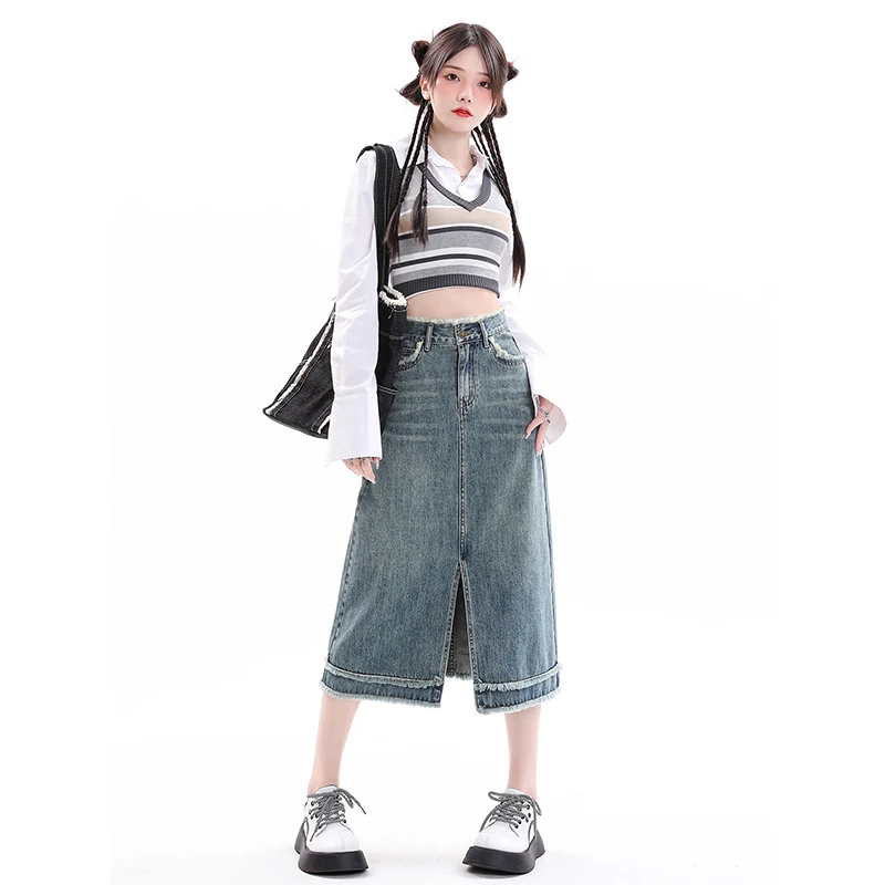 Real time shoot of denim skirt for women in summer retro blue commuting versatile fashion high waistband buttocks a short skirt