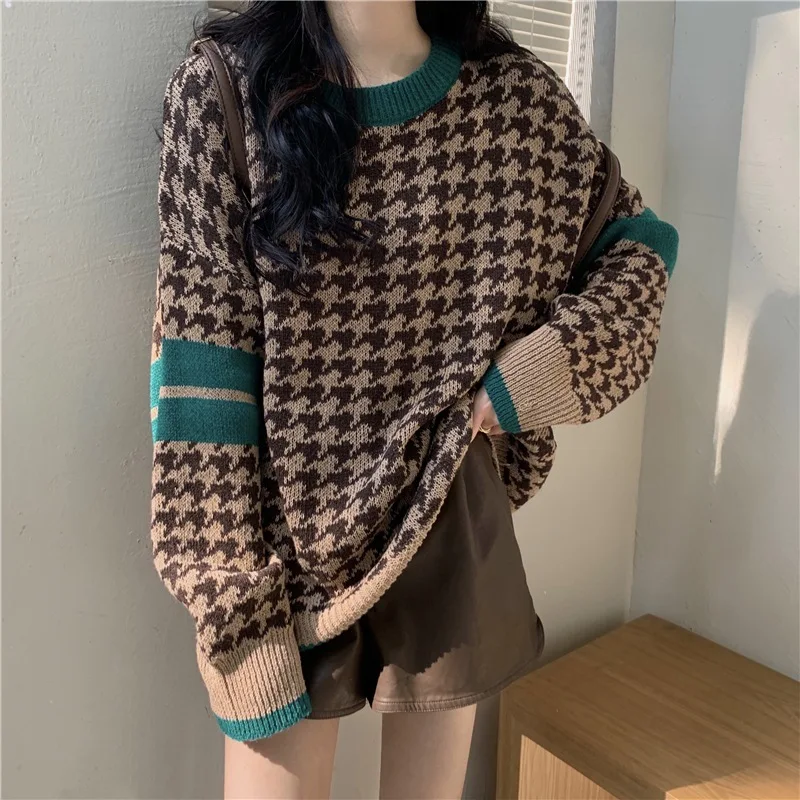 

Korean Fashion Knit Sweater Women Round Neck Long Sleeve Houndstooth Casual Sweater Female Autumn Winter Luxury Design Knit Top