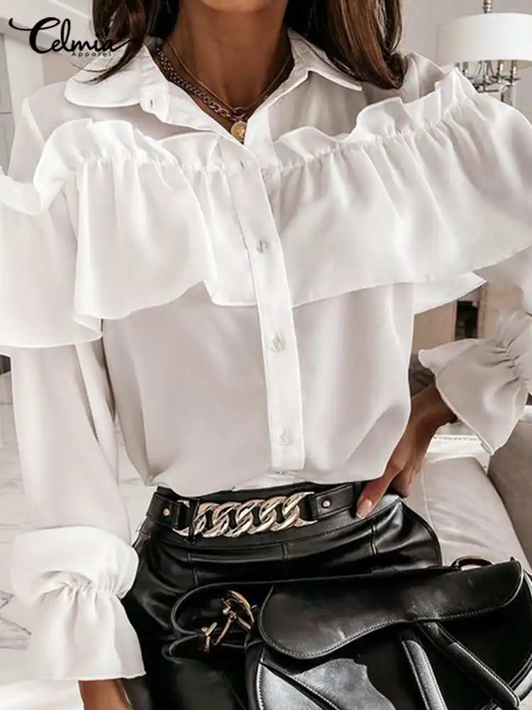 

Celmia Elegant Blouses Casual Solid Ruffles Buttons Fashion Shirts Femme 2023 Spring Office Blusas Women Lapel Long Sleeve Tops