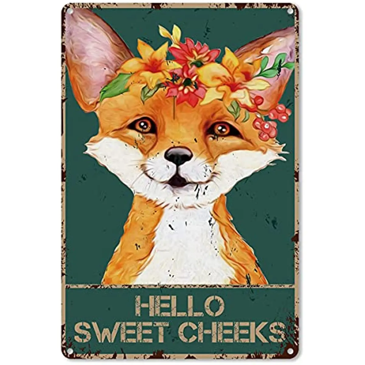 

Funny Bathroom Quote Metal Tin Sign Wall Decor - Vintage Hello Sweet Cheeks Fox with Flowers Tin Sign for Toilet Decor Gifts