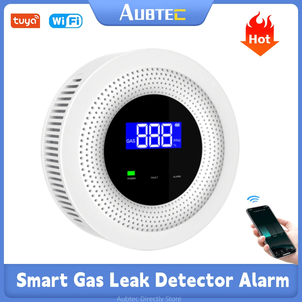 

Смарт-детектор утечки газа Wifi Tuya, датчик с сигнализацией об утечке природного газа, с функцией температуры