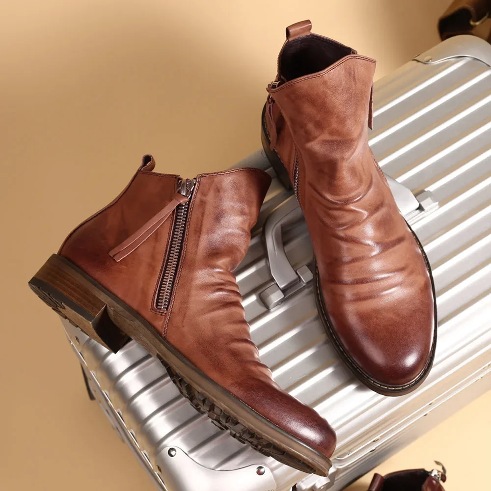 

Мужские ботинки челси из искусственной кожи, модель 2023 года, модная обувь с высоким верхом и бахромой, на молнии, демисезонные ботильоны, удобные мужские ботинки, приблизительно 38-48