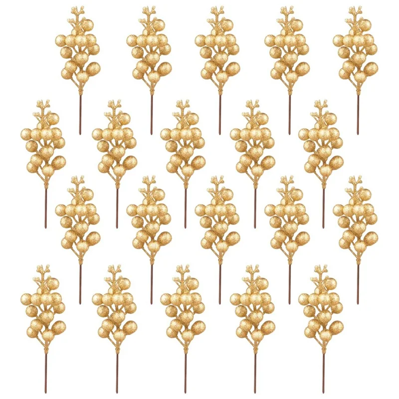 

20 Pc Artificial Berry Stems, 7.5 Inches Christmas Glitter Berries Stems,Artificial Christmas Picks for Xmas Tree(Gold)