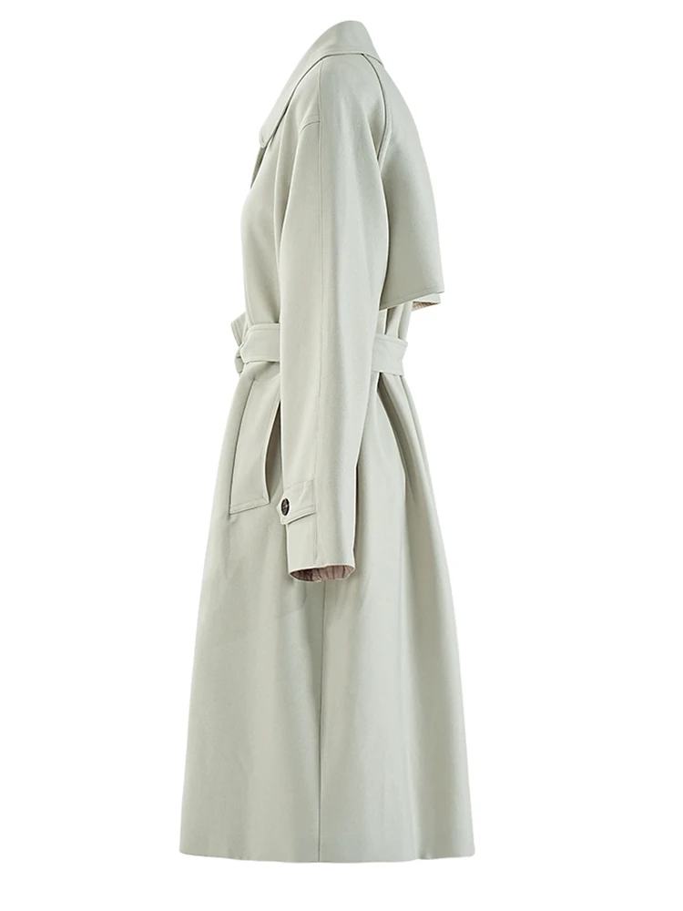 [EAM] Женский зеленый элегантный длинный плащ с поясом большого размера новый