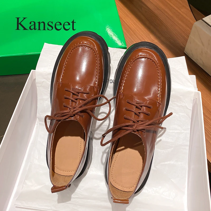 

Новинка весна-осень 2022, женская обувь Kanseet, лоферы из натуральной кожи с круглым носком, ручная работа, на массивном каблуке, женская обувь коричневого цвета