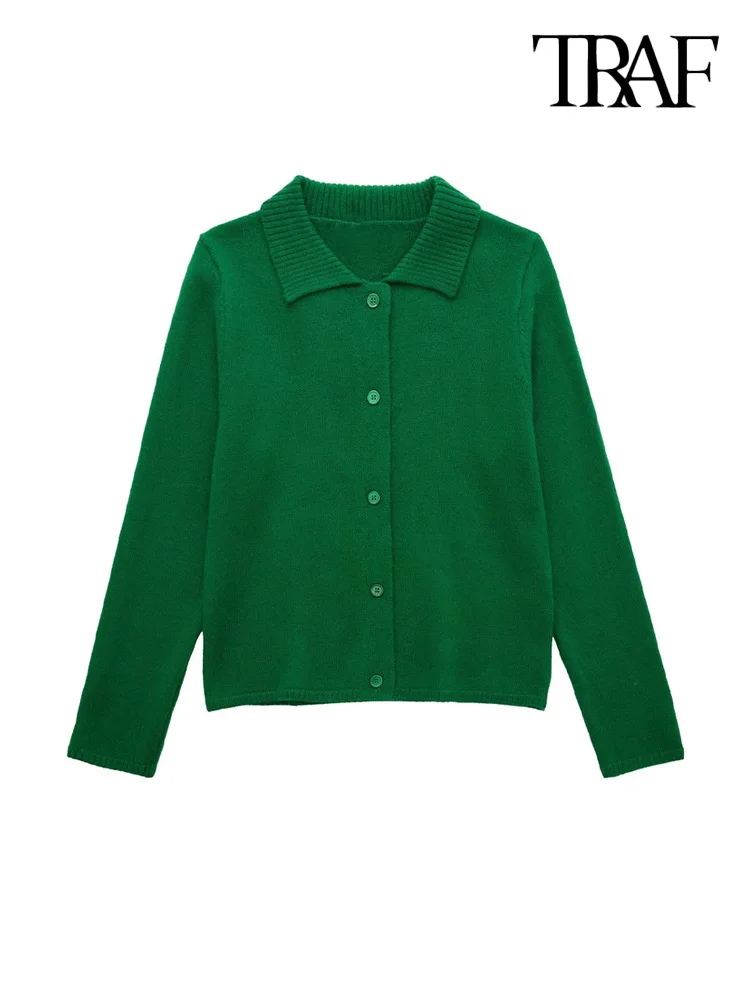 

TRAF Women Fashion Front Button Cozy Green Knit Cardigan Sweater Vintage Lapel Collar Long Sleeve Female Outerwear Chic Tops