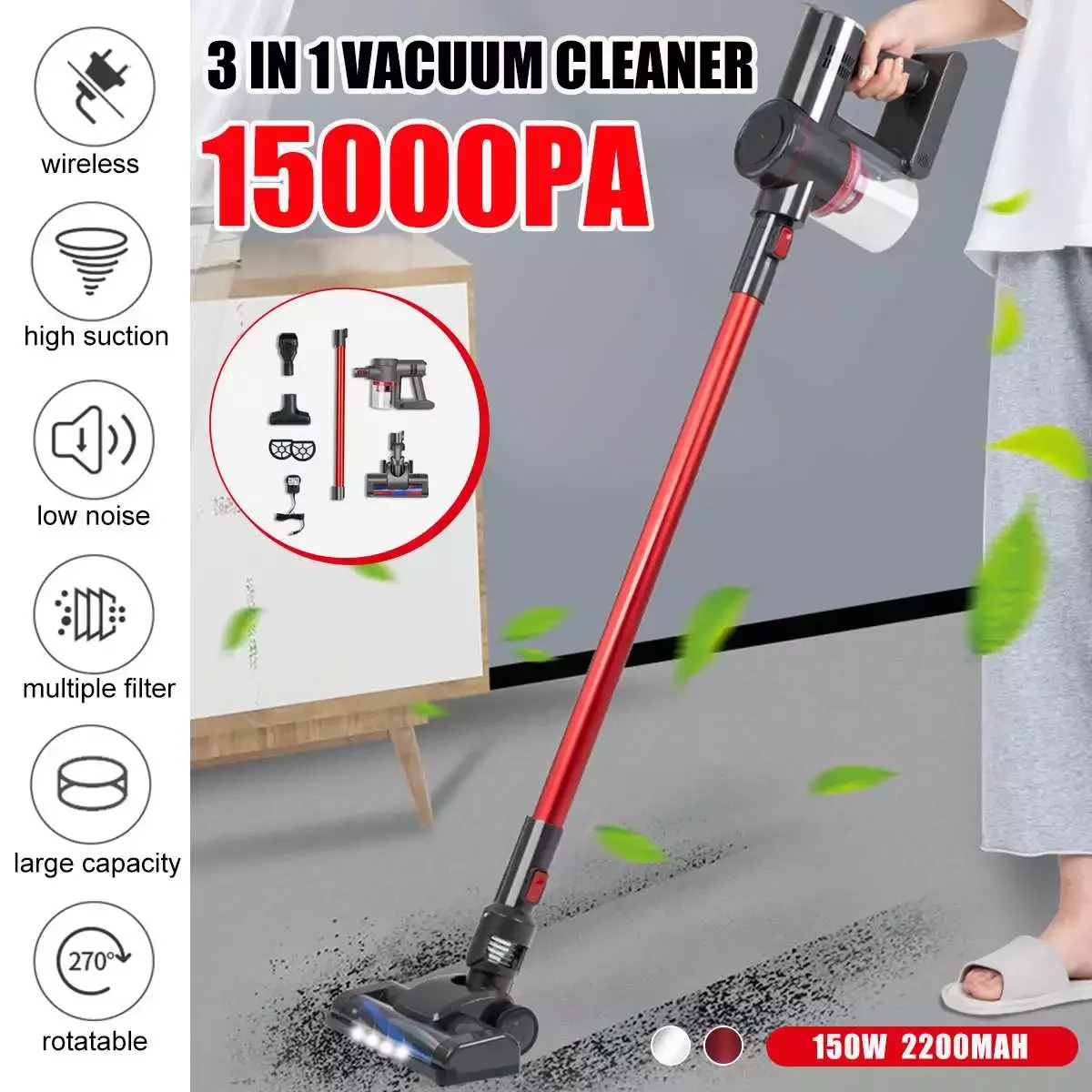 

One-Click Dust Dumping 15KPA Vacuum Cleaner Smart 4 in 1 Lightweight Handheld Cordless Dust Collector Floor Carpet Sweep Machine