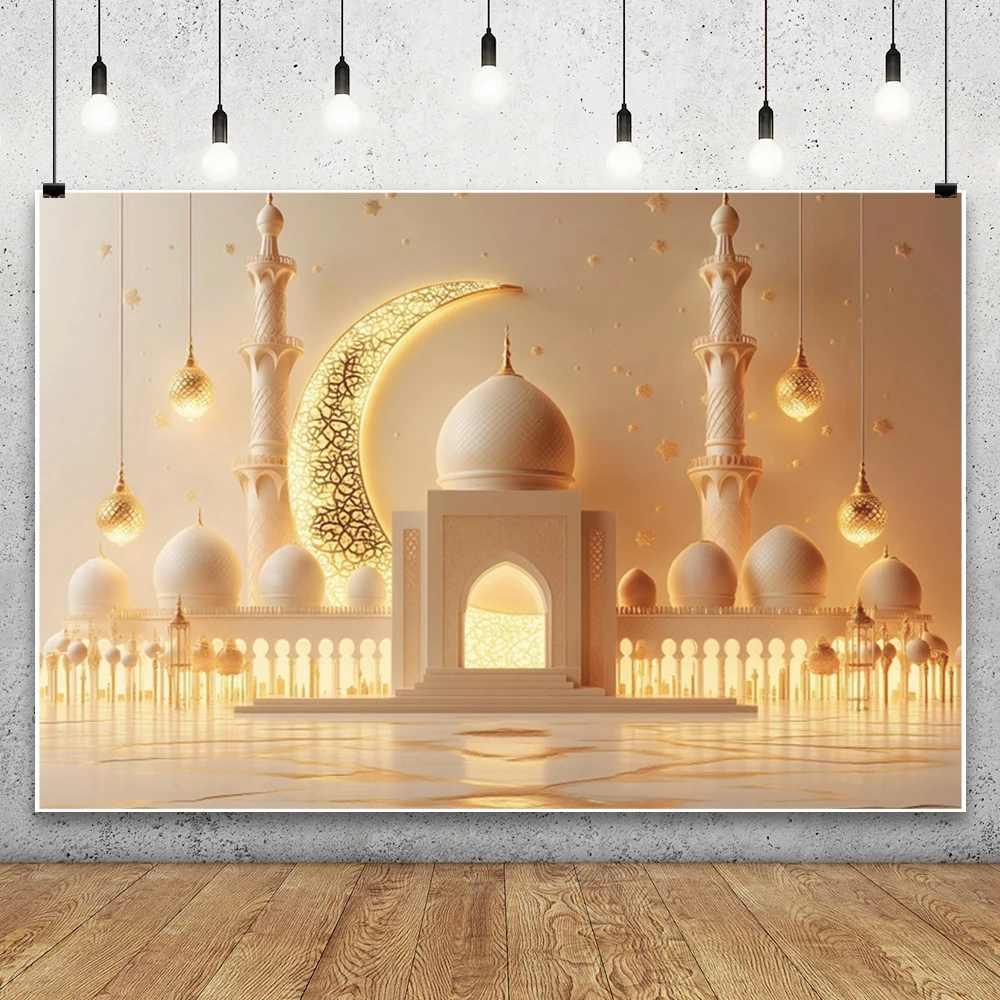 Ramadan Eid Mubarak Decoration Backdrop Mosque Golden Moon Lantern Islamic Believers Portrait Background Photo Props