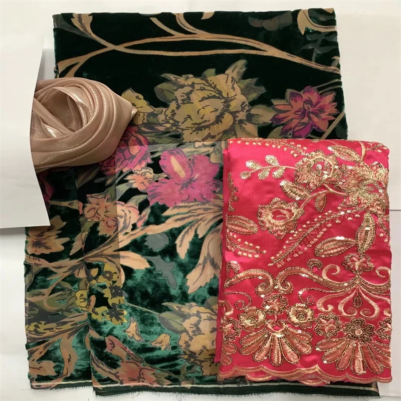 

3.5+2+2 yards/lot Hot selling satin silk fabric colorfast Nigrian design African Velvet pattern George fabric for clothing LXE51