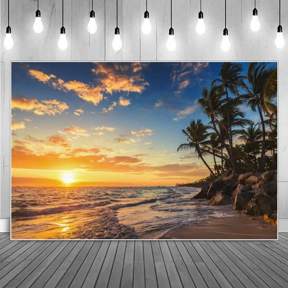 

Dush Clouds Sea Beach Scenic Holiday Photography Backgrounds Summer Tropical Seaside Waves Palm Trees Home Party Photo Backdrops