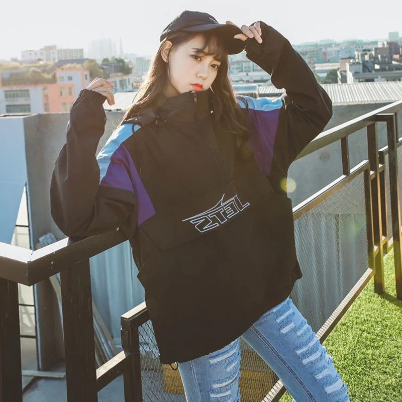 

Autumn Spring New Women Patchwork Drip-Shooukder Zipper Stand Hooded Female Loose Casual Harajuku Sweatshirts ZX662