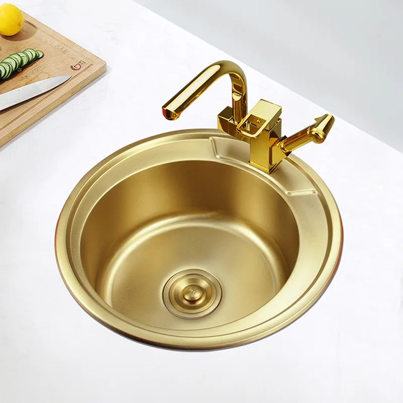 

Nano Gold Kitchen Sinks Bar Mini Round Sink 304 Stainless Steel Small Single-slot Kitchen Washbasin 1.2mm Thickened