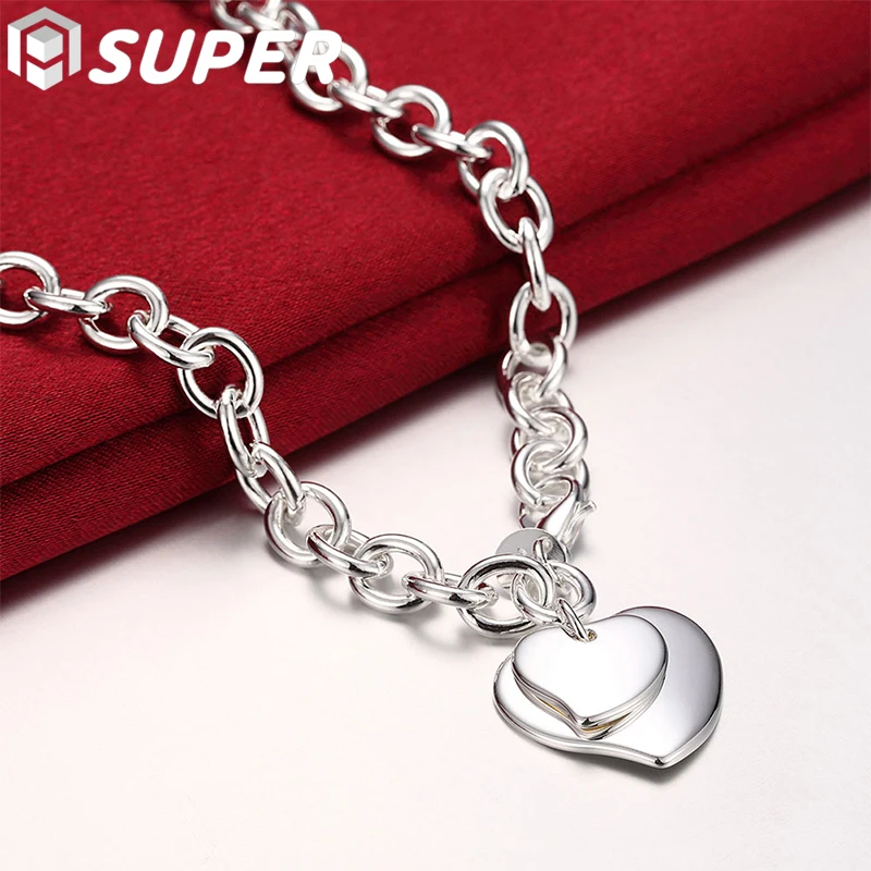 

925 Sterling Silver Double Heart Pendant 18 Inch Chain Necklace For Women Man Wedding Engagement Fashion Jewelry