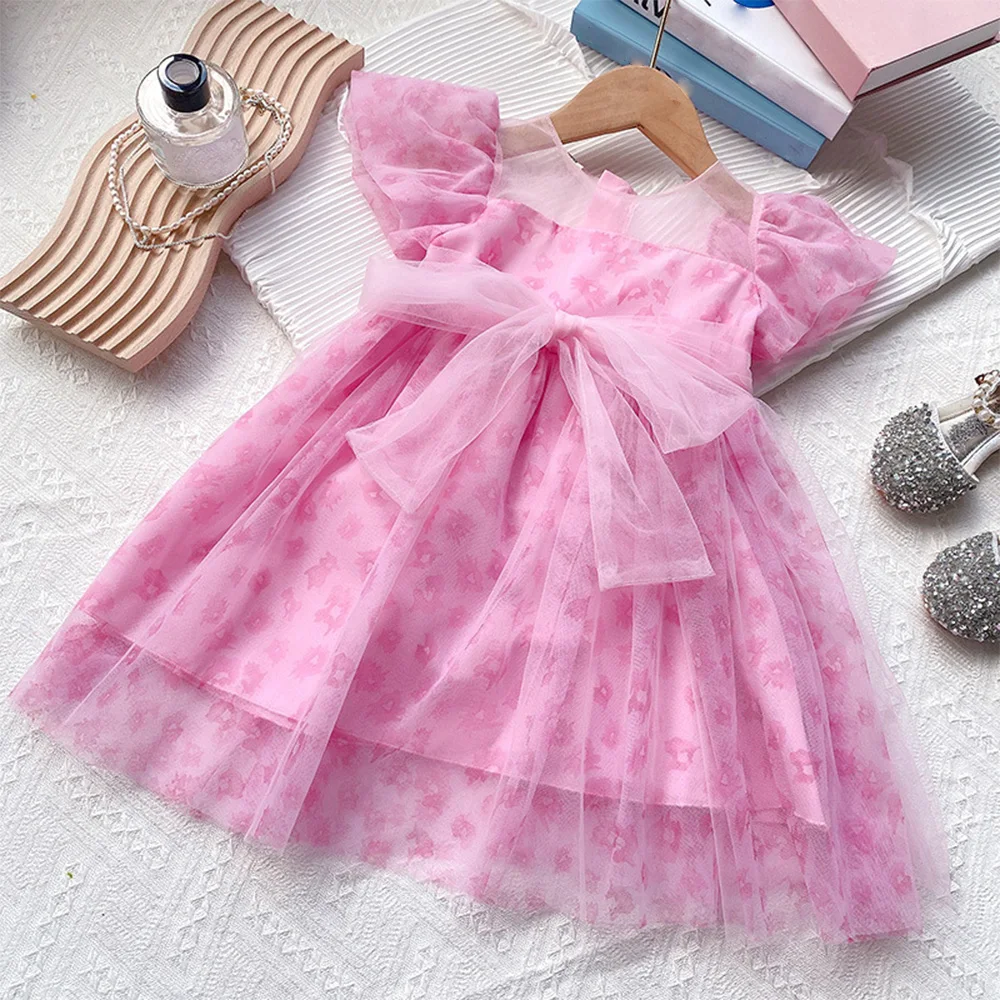 

Pink Lace Girls Princess Dresses Summer Kids Sweet Pearl Bow Flower Short Sleeve Mesh Dress Baby Costume Fashion Party Dresses