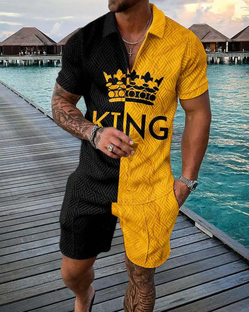 2023 Men Fashion Geometric 3D Printed Summer V-neck Zipper Short Sleeve POLO Shirt + Shorts Two-piece Men Casual Suit Oversized