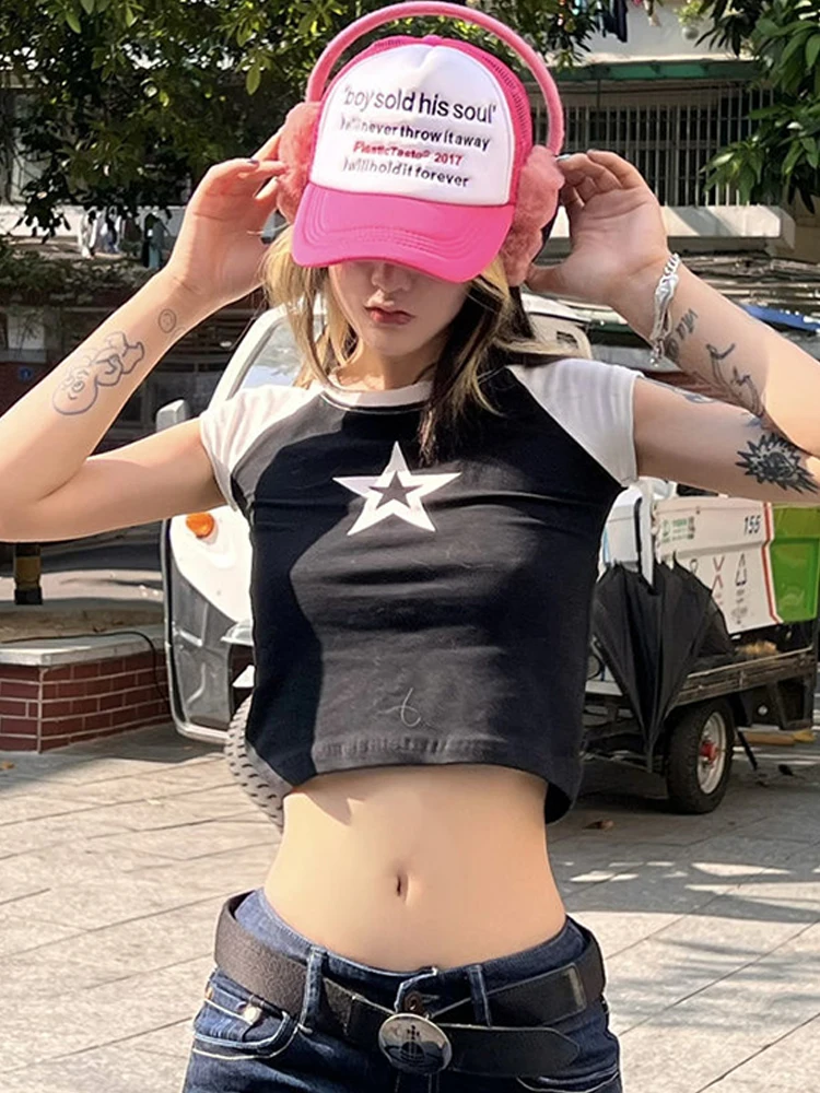 

Women's Cropped Top Harajuku Tee Goth summer Short Sleeve Vintage Streetwear Star Print Y2K Clothes T-shirt Emo Kawaii T-shirts