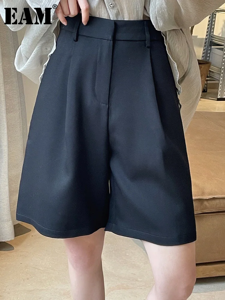 

[EAM] High Waist Black Pleated Casual Knee Length Pants New Loose Fit Trousers Women Fashion Tide Spring Summer 2023 1DF4479