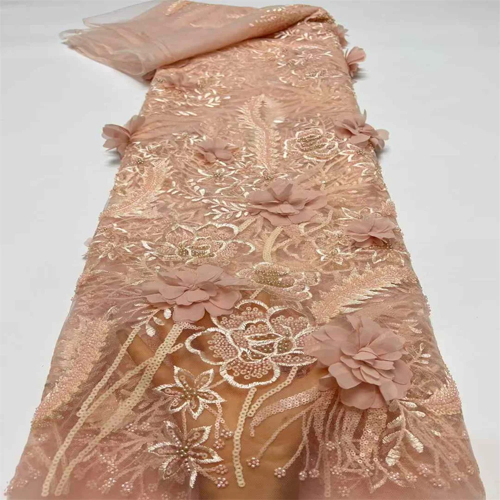 3D цветы в синем французском кружеве 2024 высококачественная кружевная сетка