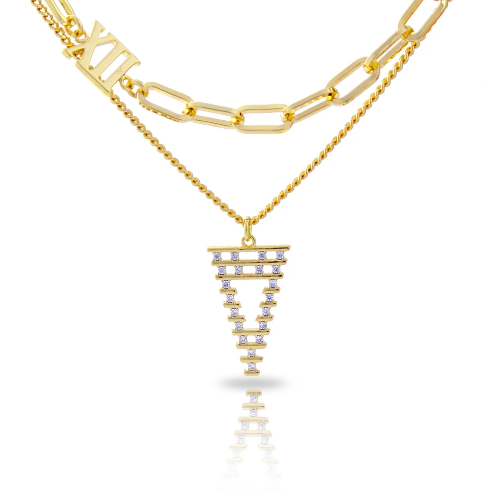 

Fashion Gold Color Double Layer Hollow Triangle Pendant Link Chain Necklaces Chunky For Women Men Trendy Jewelry Gifts Wholesale