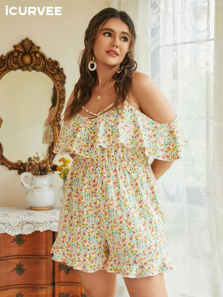 

ICURVEE Women's Short Playsuits 2022 Summer Jumpsuits Cold Shoulder Casual Bohemian High Waist Floral Printed Party Beach Romper