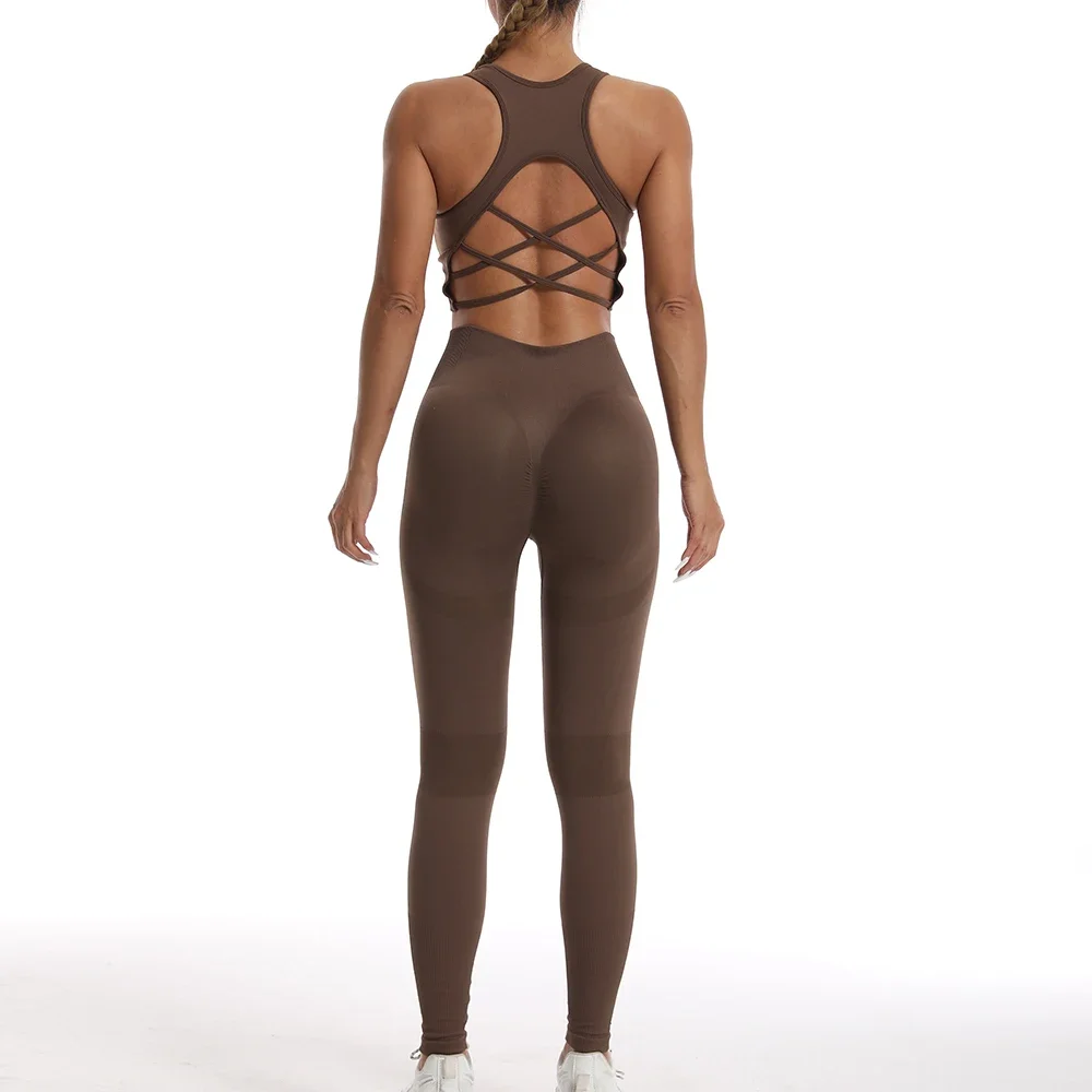 Женский однотонный бесшовный спортивный костюм из двух предметов