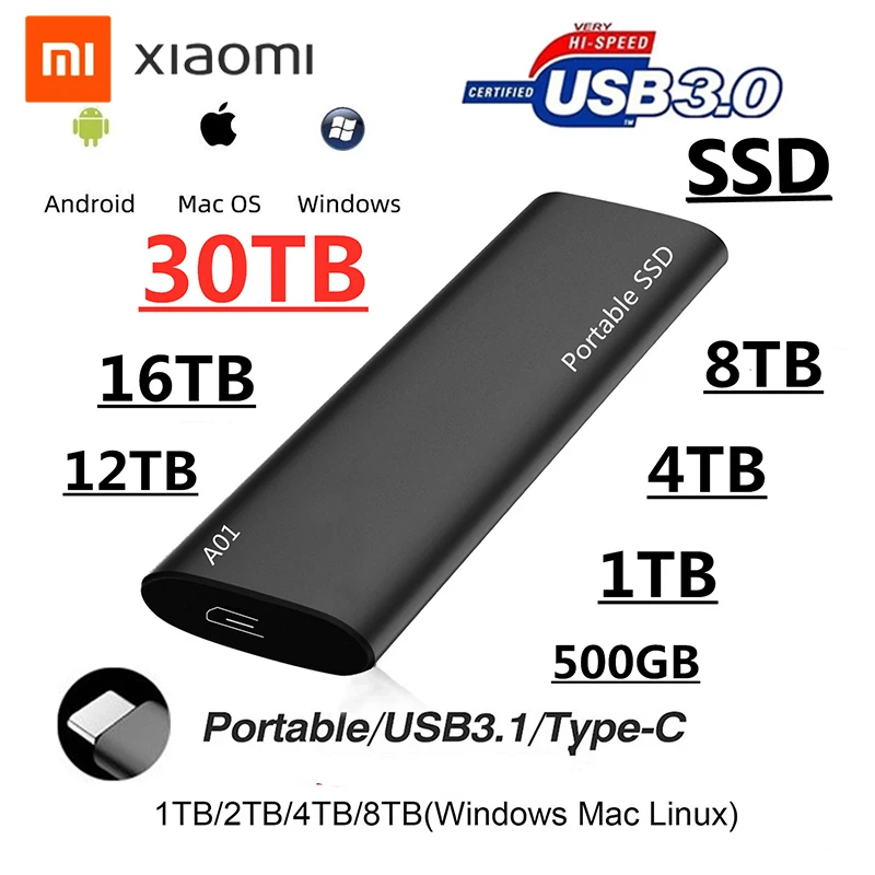 

Xiaomi Mini SSD 1TB 2TB 4TB 8TB 16TB 30TB USB3.1 High-speed Portable Hard Disks External Solid State Drives for Laptop Notebook